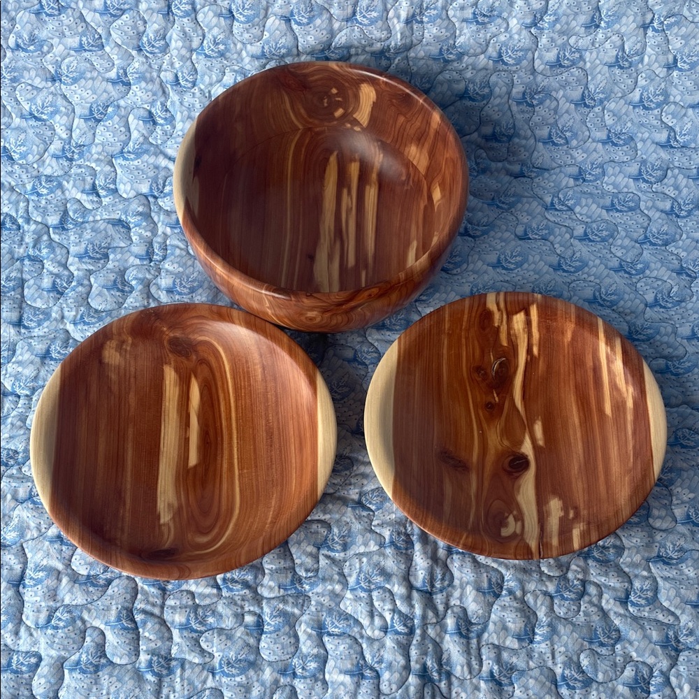 Hand Turned Cedar Wooden Bowl and Plate Set